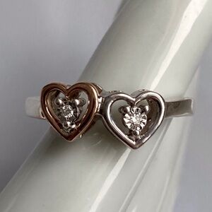 Ring with Silver and Gold Hearts and a Small Diamond in Each Heart Size 6.5